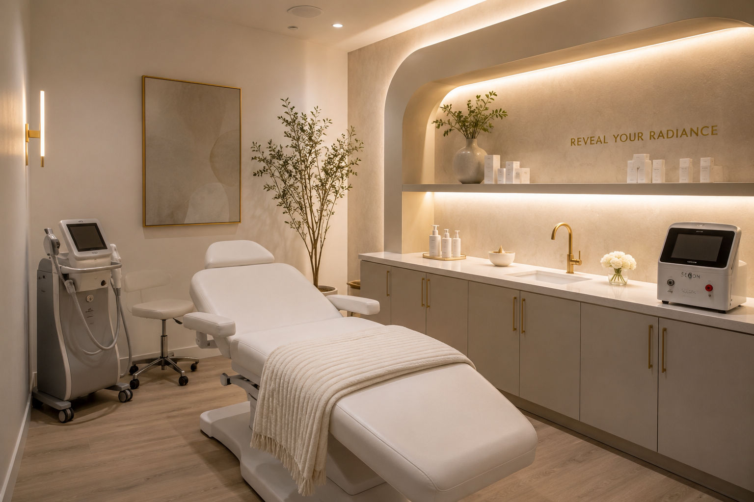 The Babe Den treatment room in Carlsbad — treatment chair and skincare shelf
